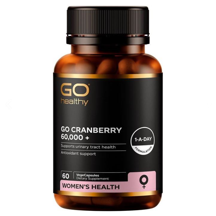 Supplement bottle labeled 'GO Healthy GO Cranberry 60,000+' on a white background