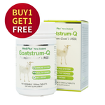 Medi Plus New Zealand Goatstrum-Q supplement packaging with a 'Buy 1 Get 1 Free' offer.