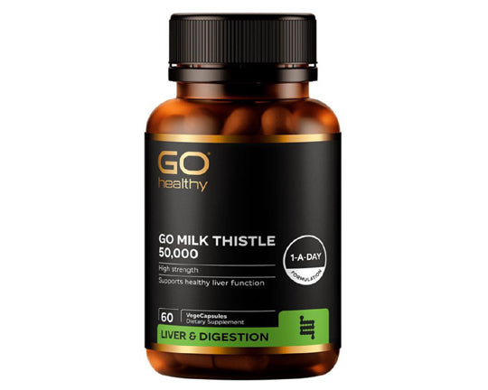 GO Healthy Milk Thistle supplement bottle on a white background